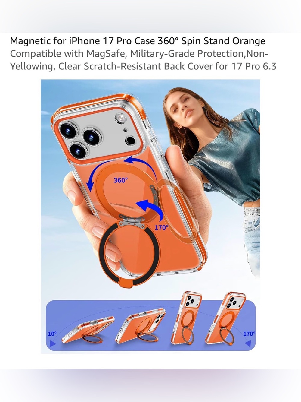 Magnetic 360° Spin Ring Clear Case for iPhone 17 Pro - Orange